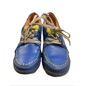 TMA Eyes Womens Blue Yellow Stitching Leather Lace Up Sneakers Shoes Size 9.5
